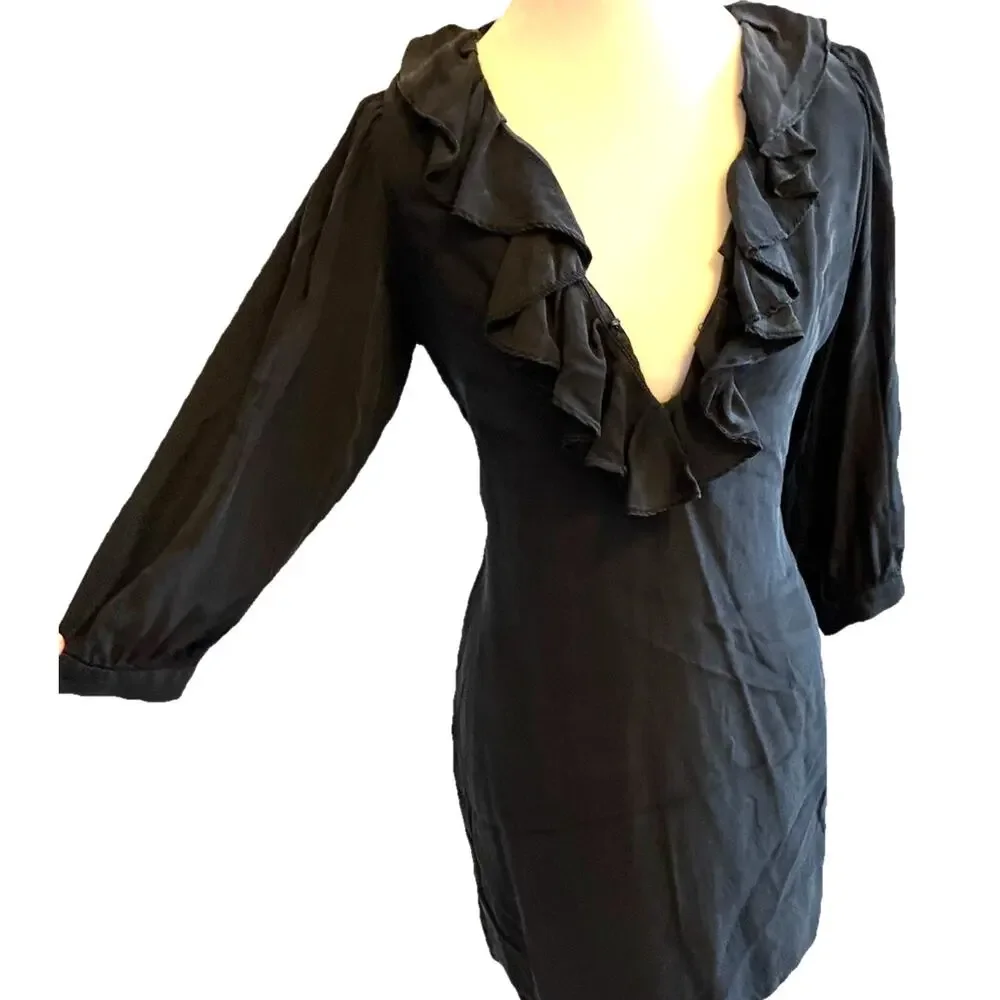 VTG 90s Black Silk Dress Ruffle Collar Whimsygoth Steampunk Vamp Dark Fairy S